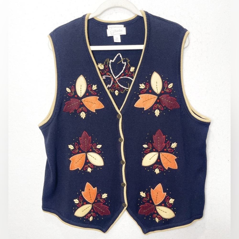 CJ Banks Hand Embroidered Knitted Sweater Vest Autumn Fall Leaves Navy Blue 1X.